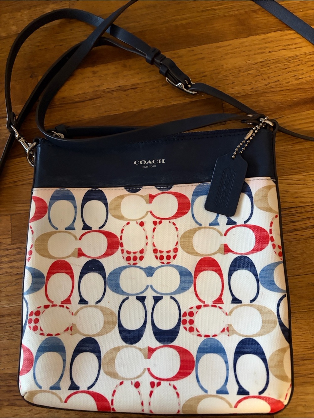 COACH Kitt Navy Multicolor Signature Print Crossbody Bag